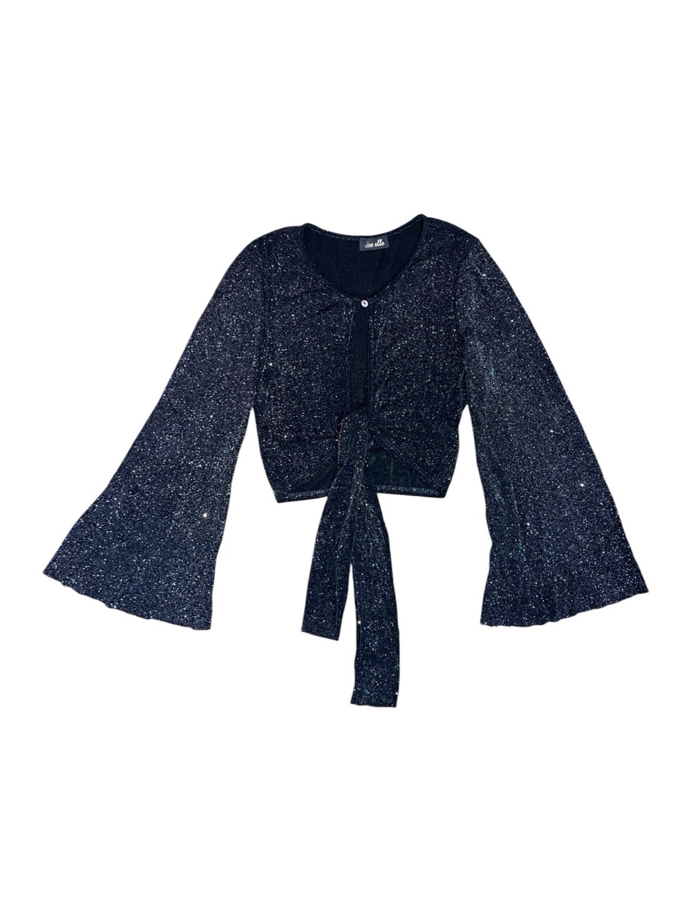 dee elle Bell Sleeve Tie Front Sparkle Top Black Silver Women’s Small